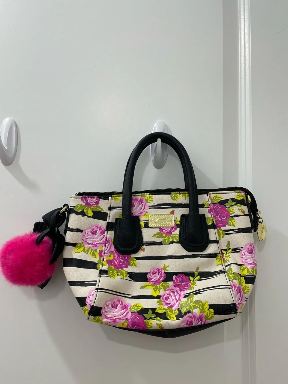 Betsey Johnson Striped Rose Floral Satchel Handbag w/Pom Pom (No Crossbody Strap